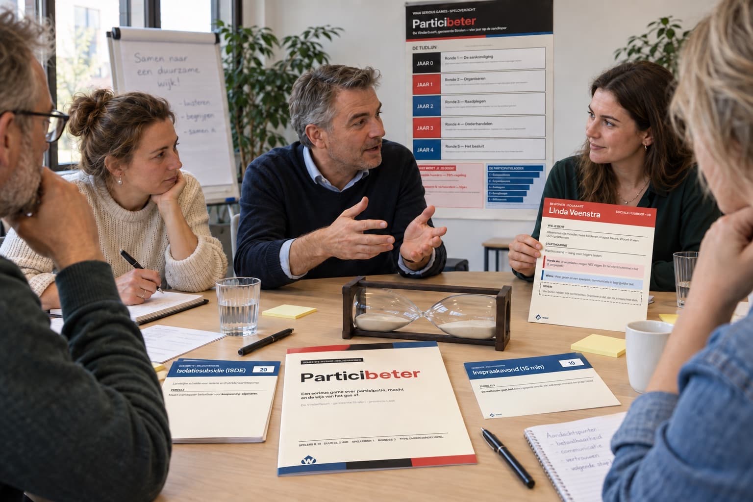 Spelers rond een tafel met de Particibeter-spelkaarten en een zandloper